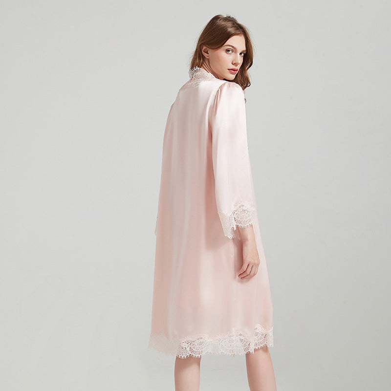 SuuSilk 19 Momme Lace-Trim Silk Robe & Cami Set – Blush Pink & Goose Yellow
