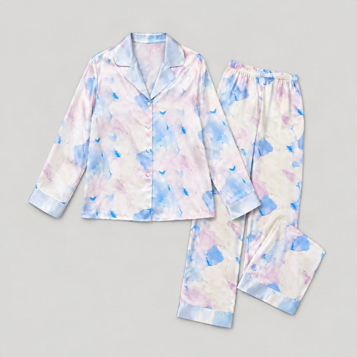 SuuSilk 19 Momme Silk Pajama Set – Watercolor Print, Long Sleeve