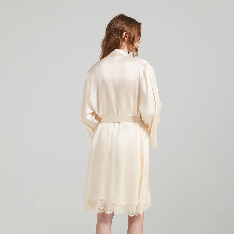 SuuSilk 19 Momme Lace-Trim Silk Robe & Cami Set – Pale Yellow & Mint