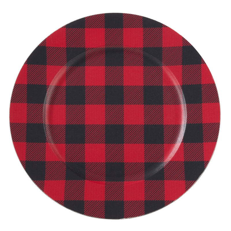 SARO CH801.R14R 14 in. Round Table Chargers with Buffalo Plaid Design - Red Set of 4