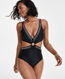 Bar Iii Women's Tell Me About It Stud One-Piece Swimsuit, Created for Macy's - Black/silver