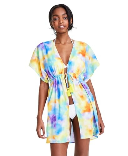Miken Women's Tie-Dye Tie-Front Cover up Dress (Red/Yellow/Purple, X-Small)