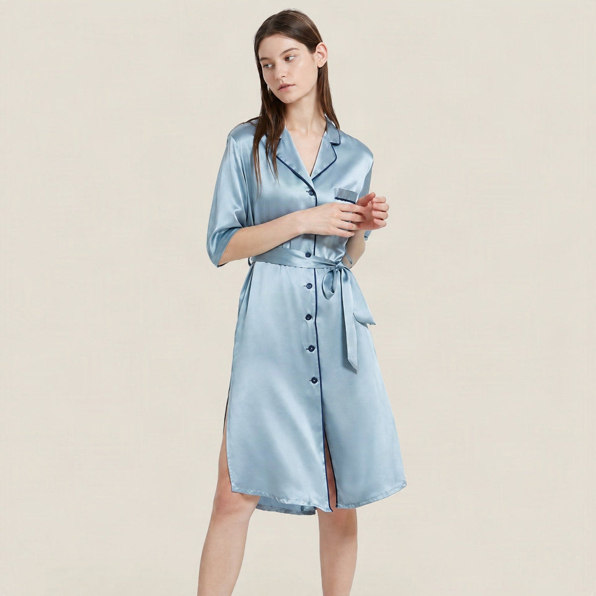 SuuSilk 19 Momme Silk Belted Nightgown – Gray-Blue
