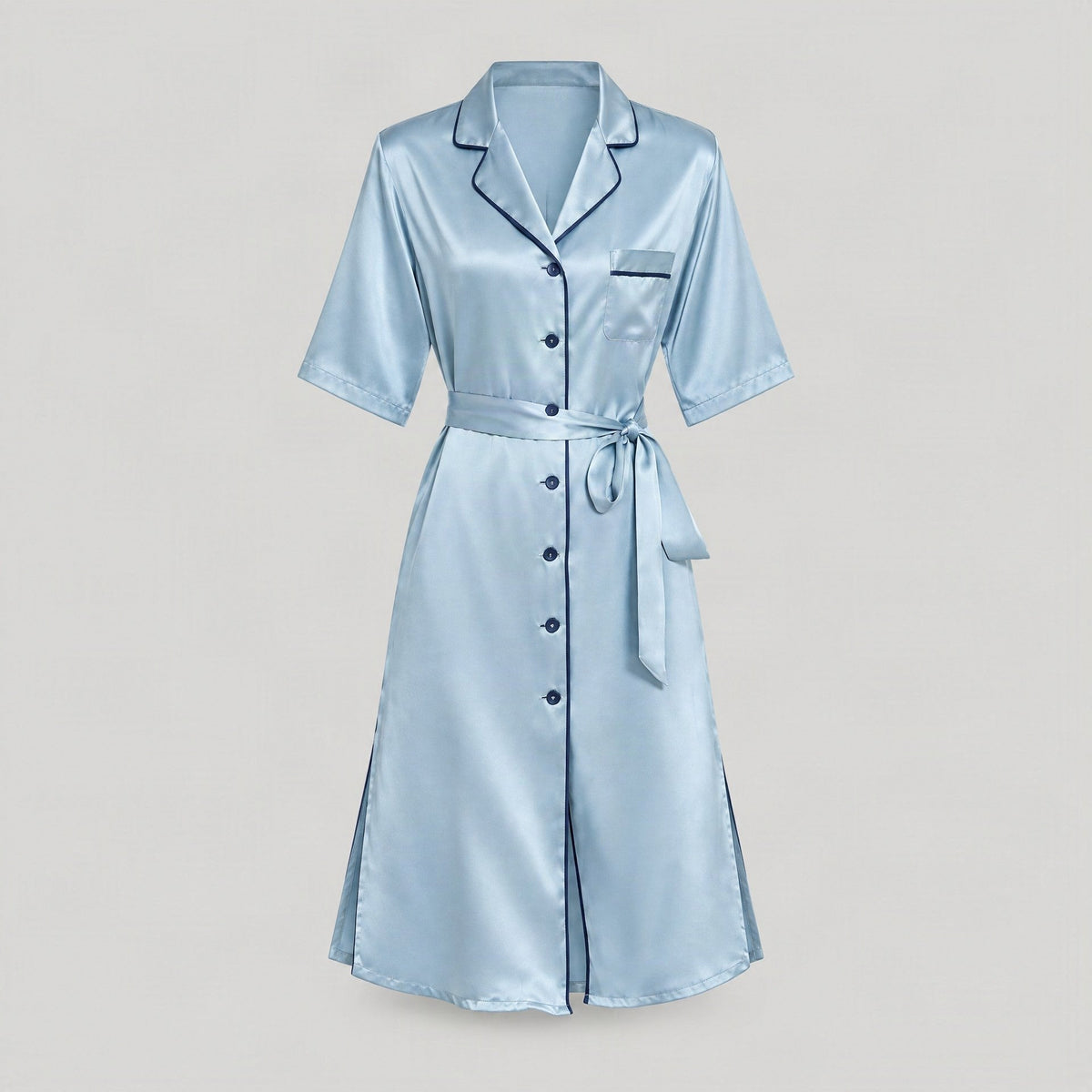 SuuSilk 19 Momme Silk Belted Nightgown – Gray-Blue