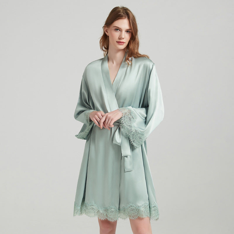 SuuSilk 19 Momme Lace-Trim Silk Robe & Cami Set – Pale Yellow & Mint