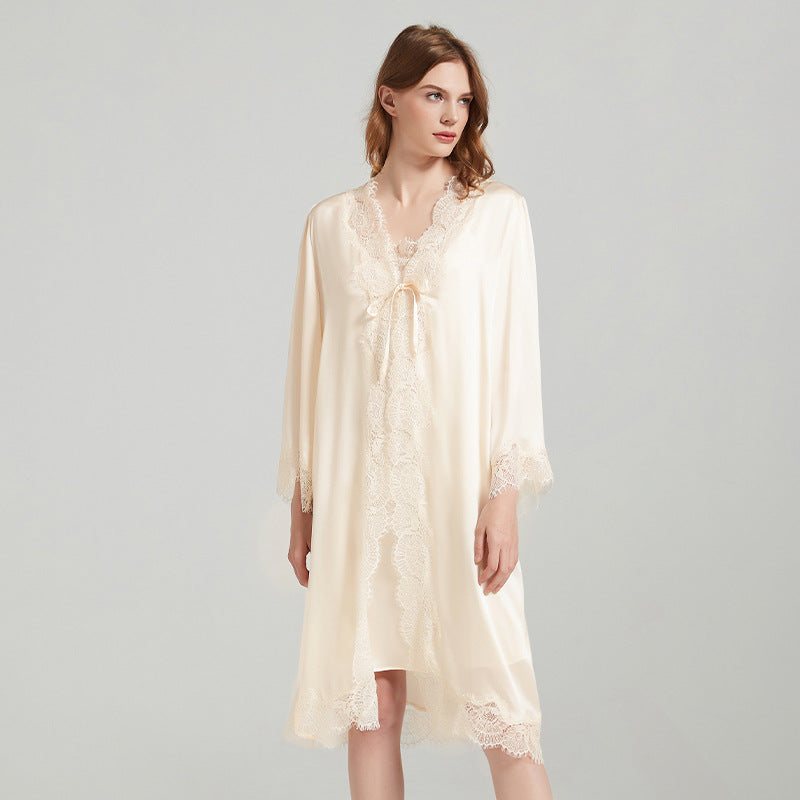 SuuSilk 19 Momme Lace-Trim Silk Robe & Cami Set – Blush Pink & Goose Yellow