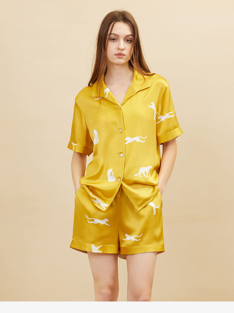 SuuSilk 19 Momme Silk Leopard Print Pajama Set – Short Sleeve & Shorts