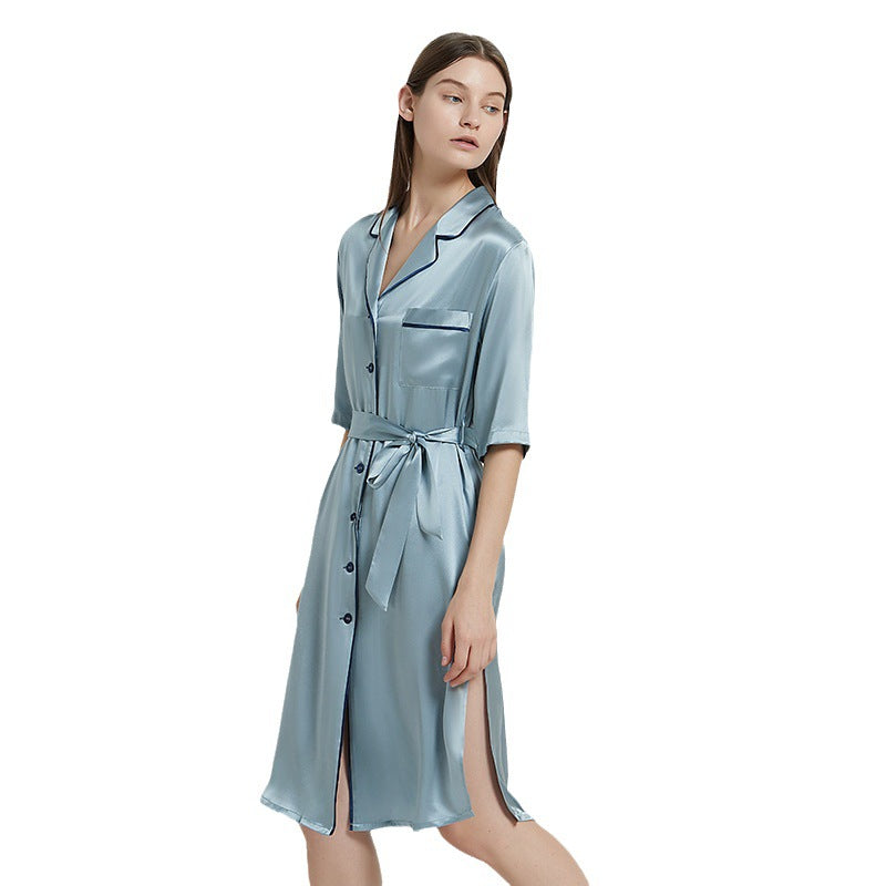 SuuSilk 19 Momme Silk Belted Nightgown – Gray-Blue