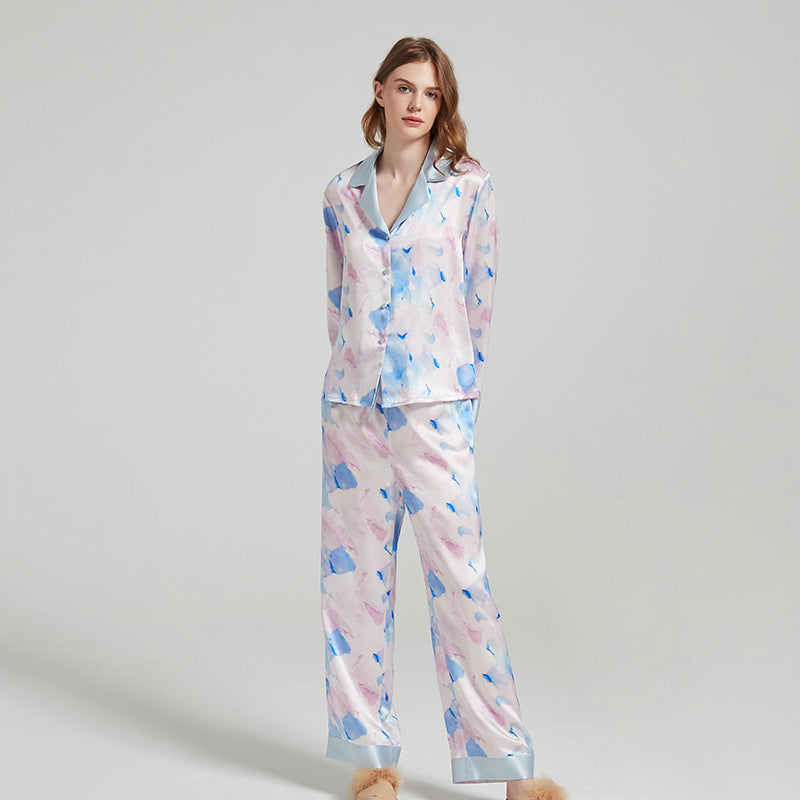 SuuSilk 19 Momme Silk Pajama Set – Watercolor Print, Long Sleeve