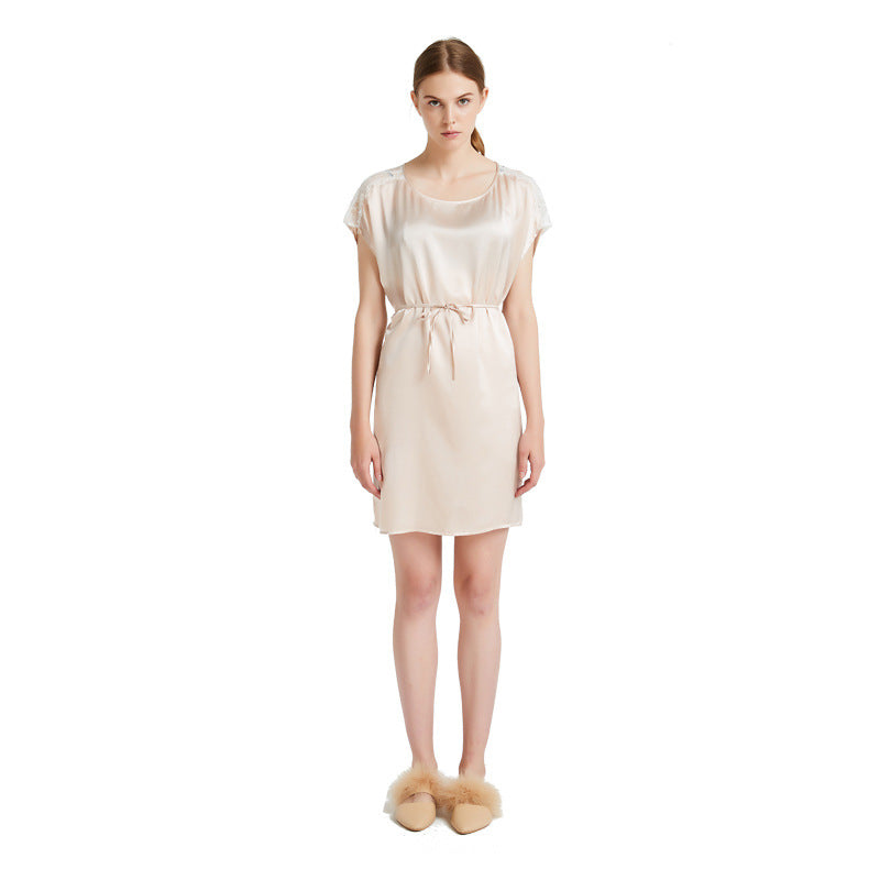 SuuSilk 19 Momme Silk Lace-Trim Nightgown – Light Apricot