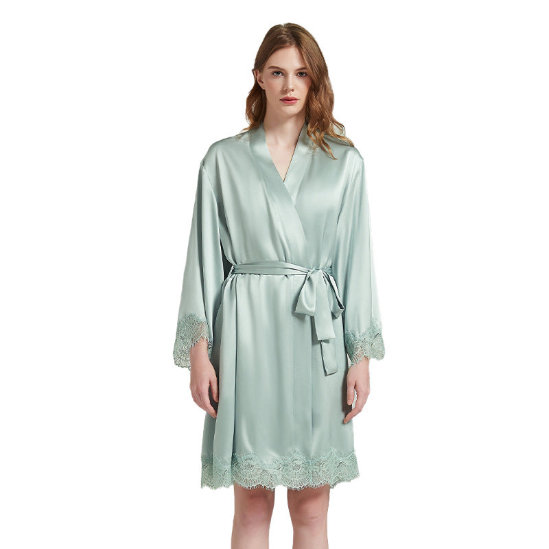 SuuSilk 19 Momme Lace-Trim Silk Robe & Cami Set – Pale Yellow & Mint