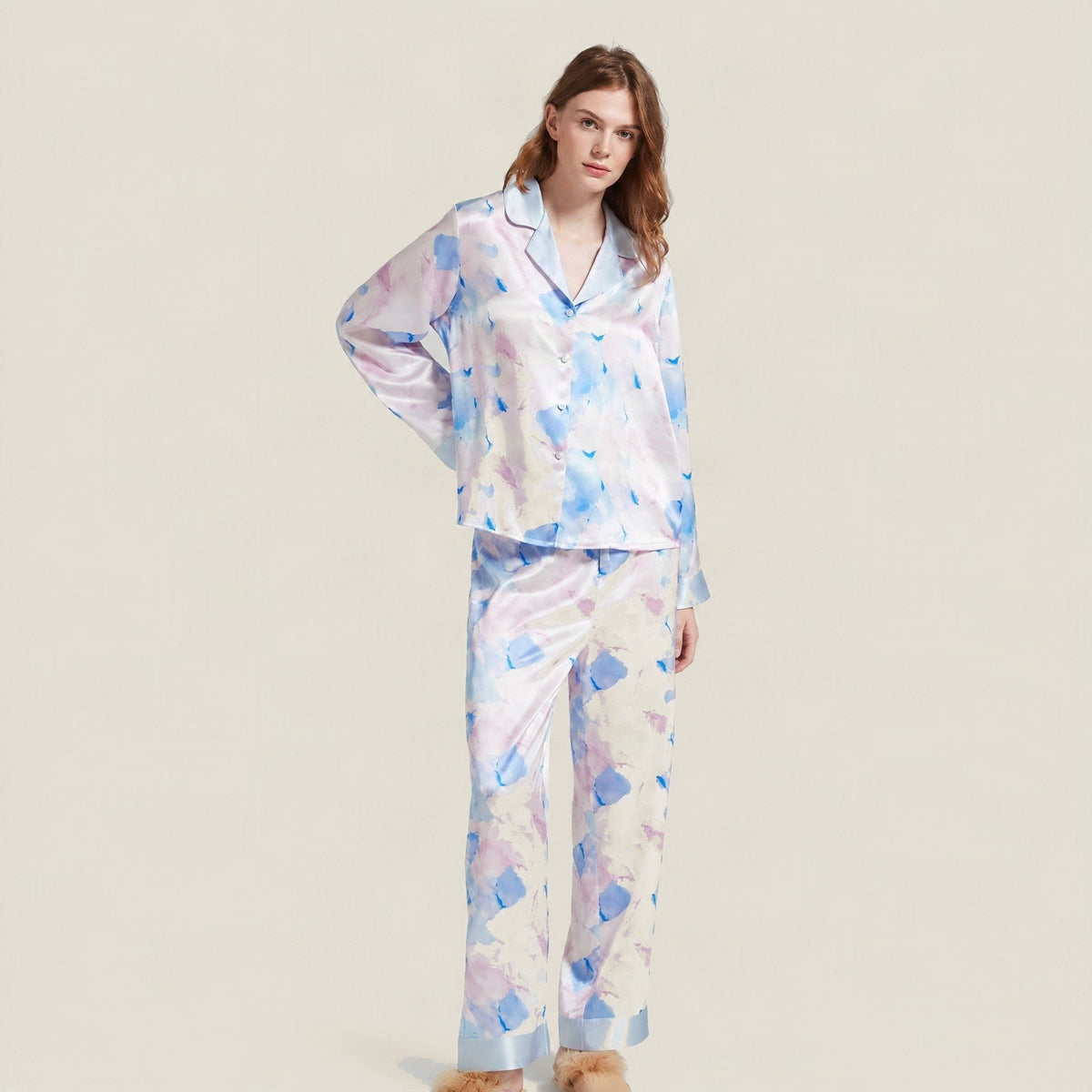 SuuSilk 19 Momme Silk Pajama Set – Watercolor Print, Long Sleeve