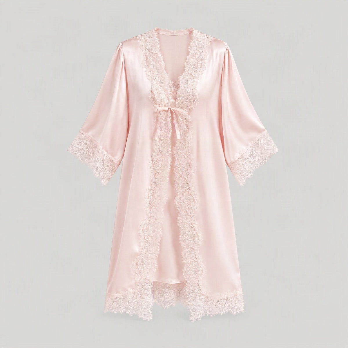 SuuSilk 19 Momme Lace-Trim Silk Robe & Cami Set – Blush Pink & Goose Yellow