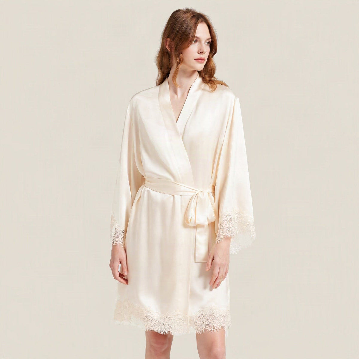 SuuSilk 19 Momme Lace-Trim Silk Robe & Cami Set – Pale Yellow & Mint