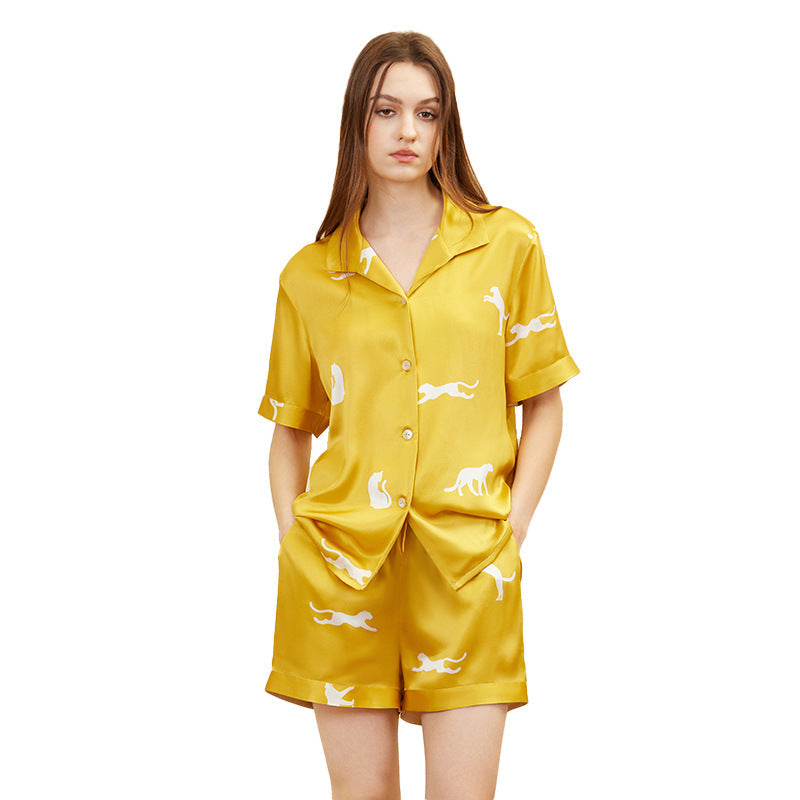 SuuSilk 19 Momme Silk Leopard Print Pajama Set – Short Sleeve & Shorts