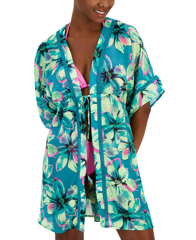 Miken Women's Crochet-Trim Kimono Cover-Up – White | Size XS