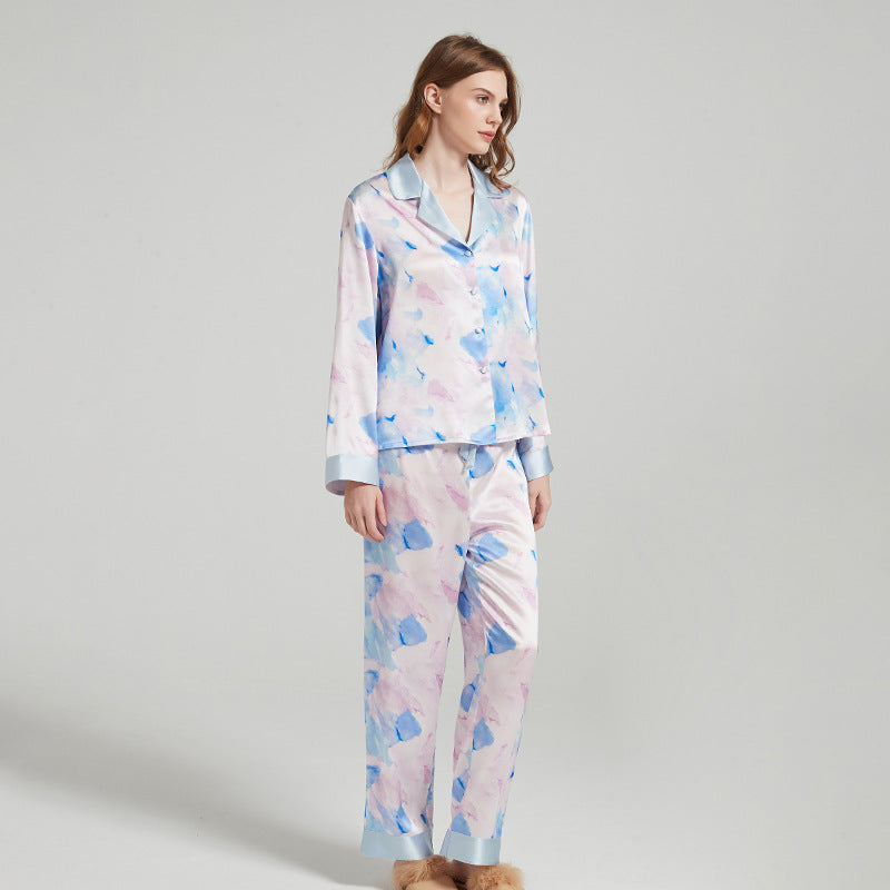 SuuSilk 19 Momme Silk Pajama Set – Watercolor Print, Long Sleeve