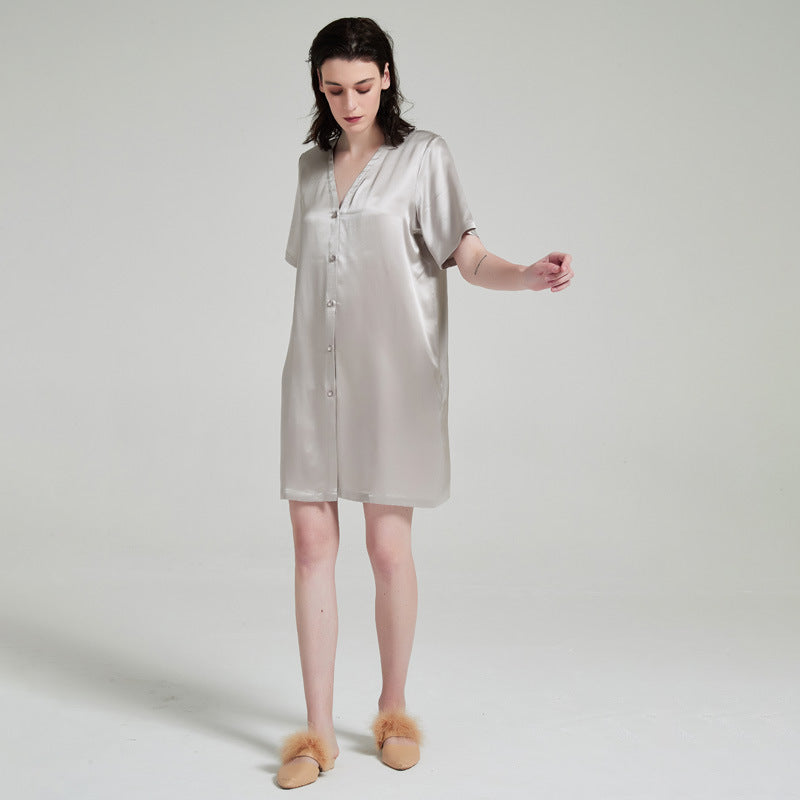 SuuSilk 19 Momme Silk Button-Front Nightgown – Grey