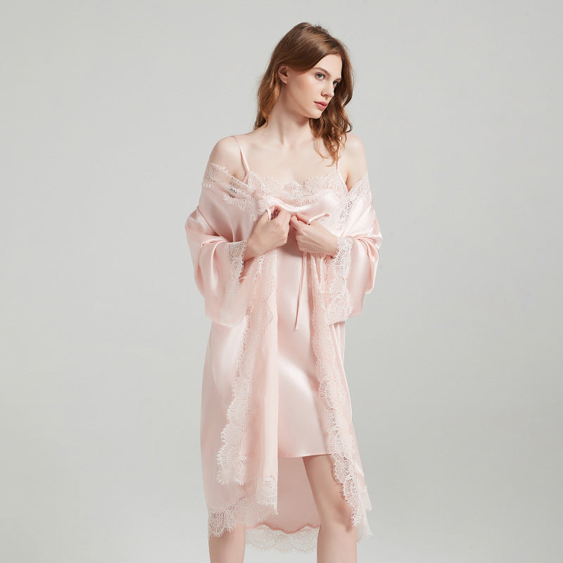 SuuSilk 19 Momme Lace-Trim Silk Robe & Cami Set – Blush Pink & Goose Yellow