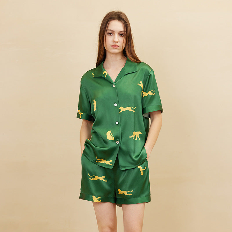 SuuSilk 19 Momme Silk Leopard Print Pajama Set – Short Sleeve & Shorts