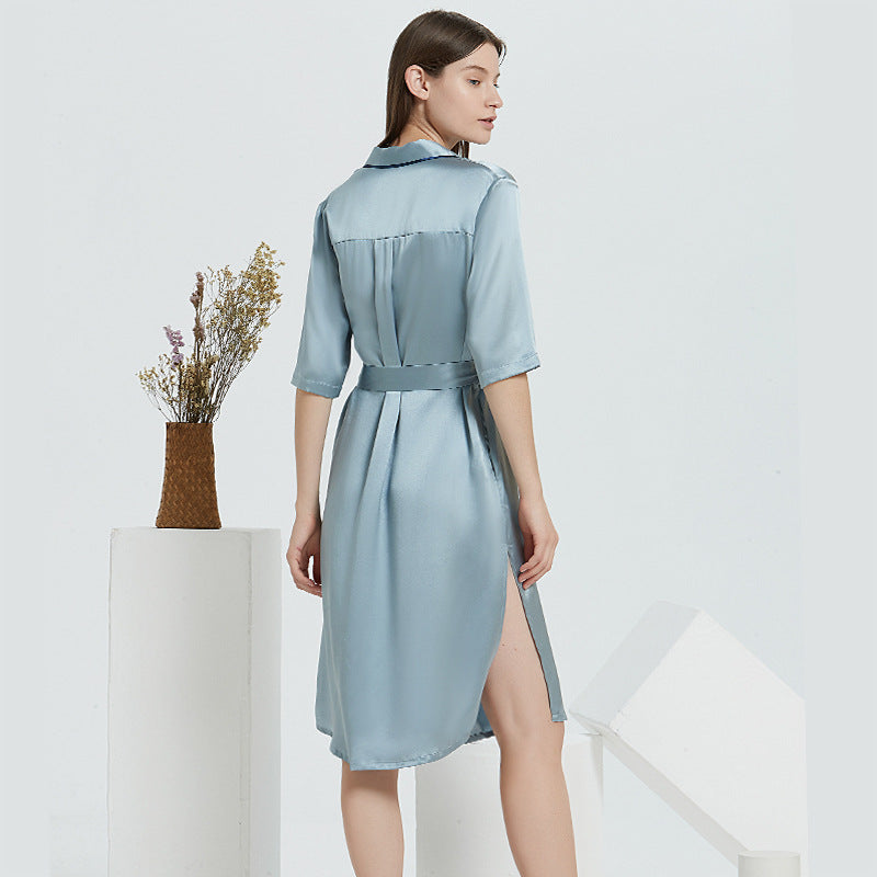 SuuSilk 19 Momme Silk Belted Nightgown – Gray-Blue