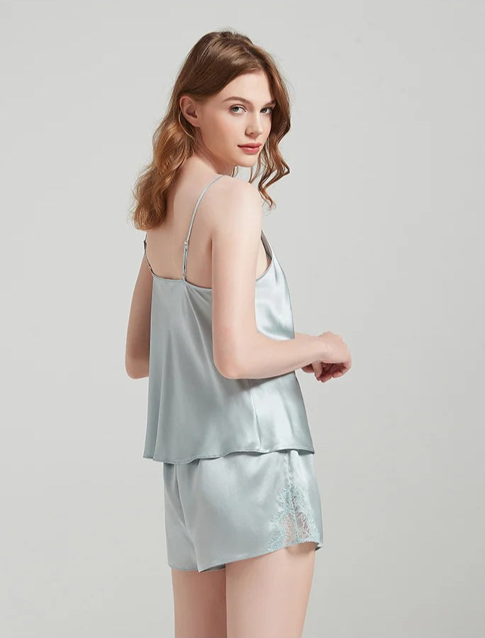 SuuSilk 19 Momme Silk Lace-Trim Cami & Shorts Set