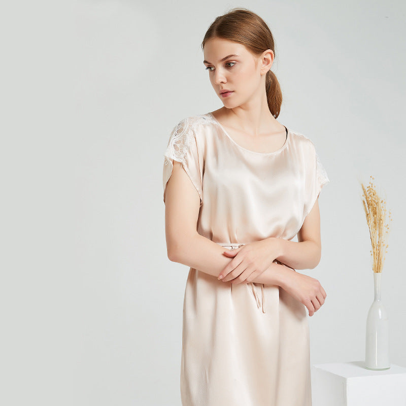 SuuSilk 19 Momme Silk Lace-Trim Nightgown – Light Apricot