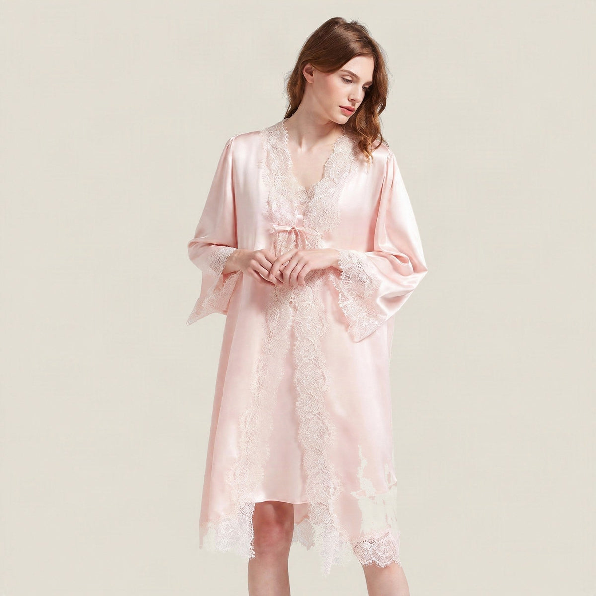 SuuSilk 19 Momme Lace-Trim Silk Robe & Cami Set – Blush Pink & Goose Yellow