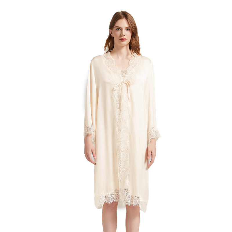 SuuSilk 19 Momme Lace-Trim Silk Robe & Cami Set – Blush Pink & Goose Yellow
