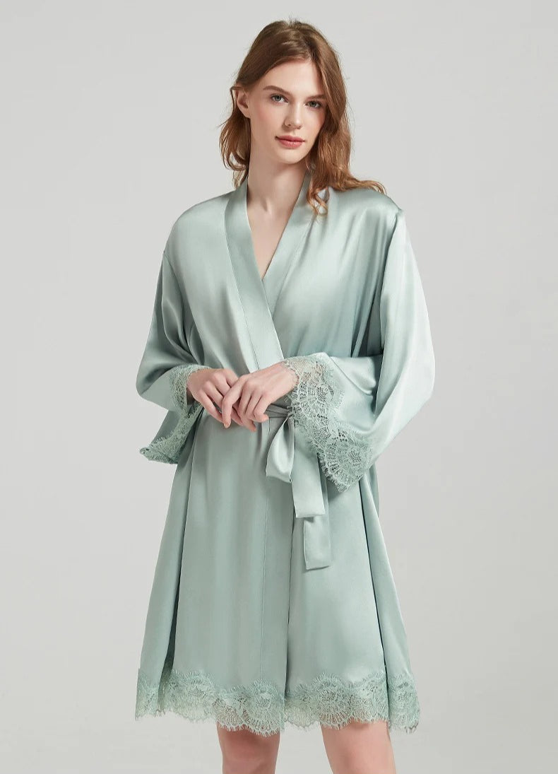 SuuSilk 19 Momme Lace-Trim Silk Robe & Cami Set – Pale Yellow & Mint