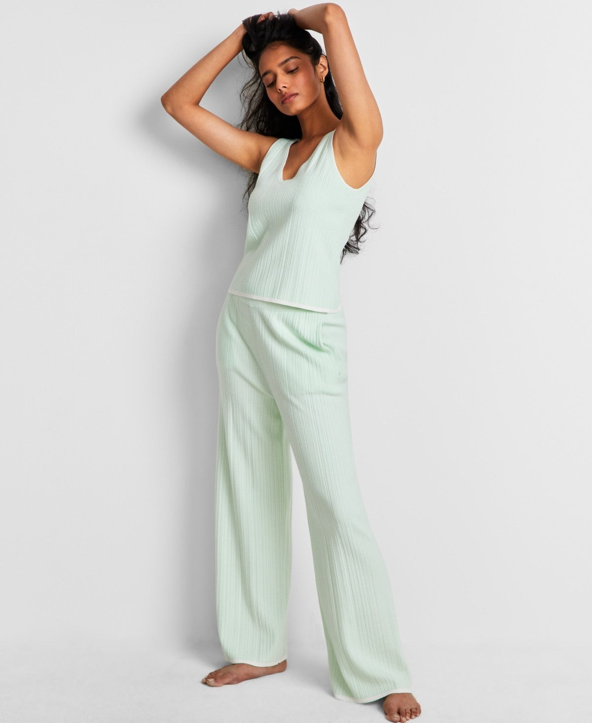 State of Day Ribbed Sweater-Knit Pajama Set – Light Green