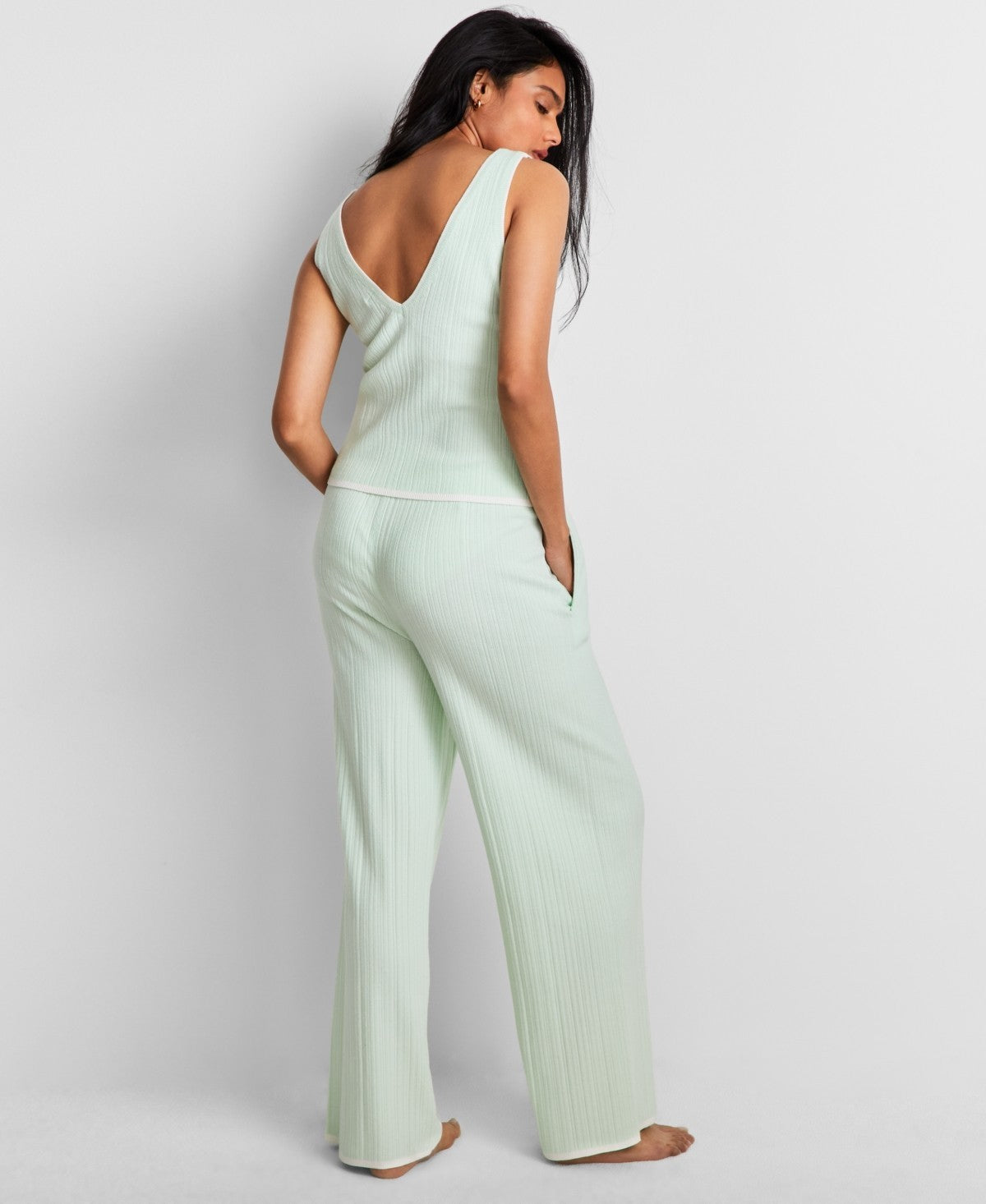 State of Day Ribbed Sweater-Knit Pajama Set – Light Green